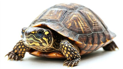 Obraz premium Small box turtle in isolated setting nature photography white background close-up view unique reptile features