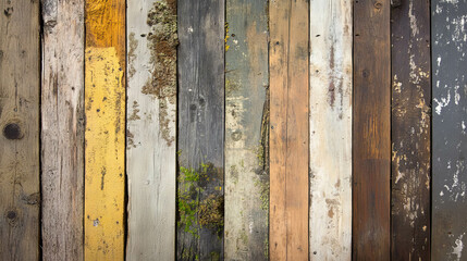 Rustic wooden planks with varied moss density and textured surfaces for nature-inspired design