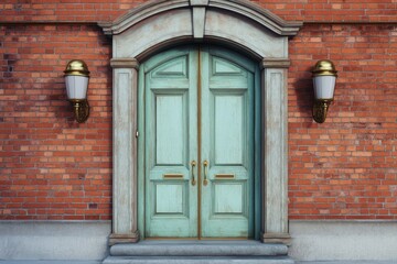 Beautiful mint green double doors framed by ornate stonework and golden sconces against a rustic red brick wall in a charming urban setting
