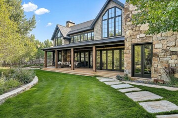 Obraz premium A generously sized contemporary home featuring expansive windows and a stunning stone facade is nestled amidst a vibrant green landscape, basking in the warmth of a sunny day