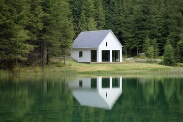 Modern white house reflecting in serene lake surrounded by lush green forest in a tranquil outdoor setting during daytime