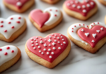 Close up of Red and White Heart Shaped Sugar Cookies Decorated with Icing