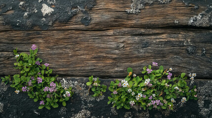 Rustic wood texture with vibrant wildflowers for nature-themed design