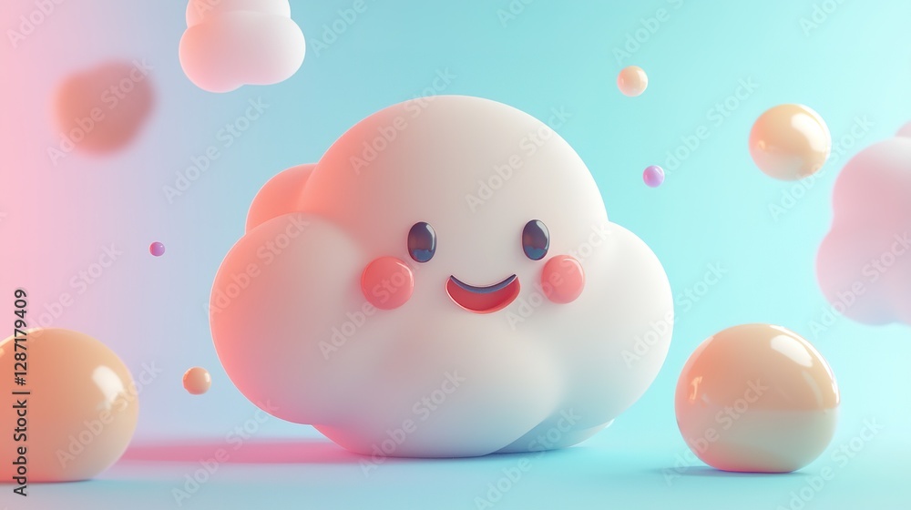 Poster cheerful cloud character animation digital art playful environment whimsical viewpoint soft shapes c