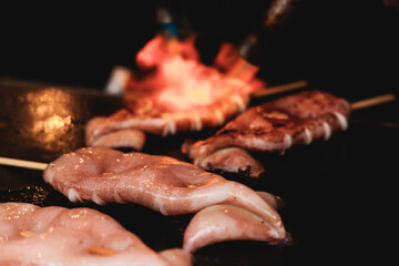 Ikayaki, Grilled roasted Squid with sauce - popular Japanese Street Food, variety of different traditional food snack selection in Tokyo, Japan, street market with local vendor stalls cooking