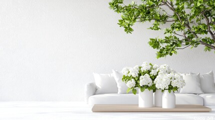 Minimalist white living room with hydrangeas, tree branch, serene background; home decor