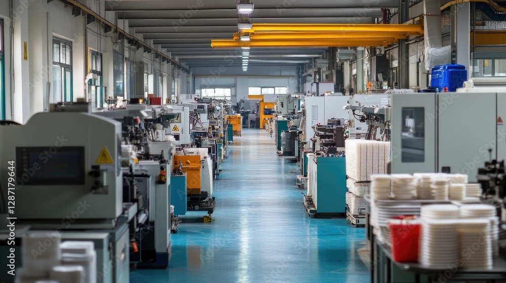 Poster factory floor with multiple injection molding machines and stacks of plastic products