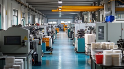 Factory floor with multiple injection molding machines and stacks of plastic products