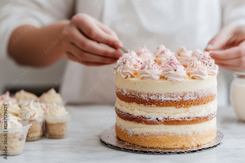 Poster baker decorates a layered cake with frosting and sprinkles in a modern kitchen setting. generative a