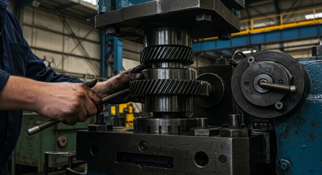 Millwright's precision, assembling gears in a colossal machine press