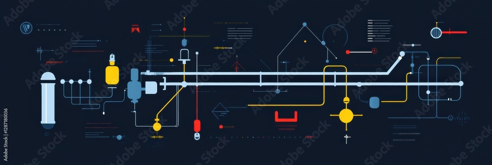 Poster detailed minimalist infographic displaying gas pipeline system and flow analysis. generative ai