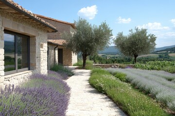 Fototapeta premium Beautiful lavender garden path leads to rustic stone house with olive trees under clear blue sky in picturesque countryside setting
