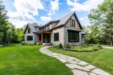 Fototapeta premium Newly constructed stone and wood house with landscaped garden in a serene neighborhood on a sunny day surrounded by trees