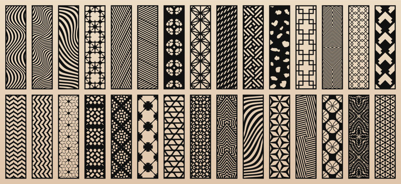 Big vector collection of 30 templates for laser cut. Trending design with abstract geometric patterns, modern oriental ornaments. Templates for CNC cutting of wood, paper, metal. Aspect ratio 1:4