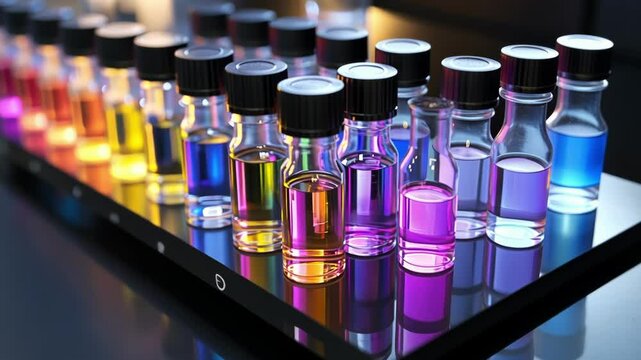 A closeup view of various small labeled vials containing different serums and compounds lined up on a laboratory bench. The labels indicate precise formulations and the glass reflects