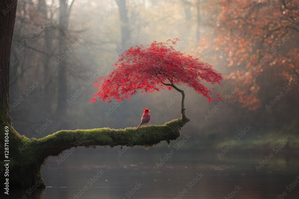 Poster a bird is perched on a branch of a tree that is covered in red leaves