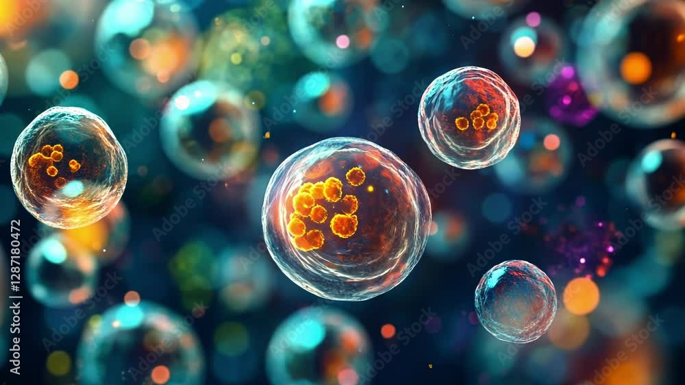 Poster vibrant depiction of cells floating in a colorful environment, showcasing detailed cellular structur