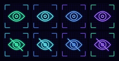 See unsee symbol set, cyber neon visual, glowing border grid vector.	