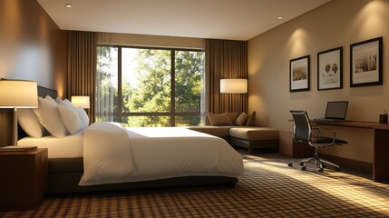 Elegant hotel suite features a bed and a desk