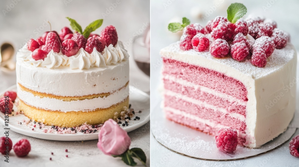 Poster beautifully layered raspberry cream cake served with fresh raspberries and mint leaves on a light ba