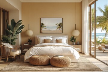 Beautifully decorated bedroom with coastal view and calming aesthetic