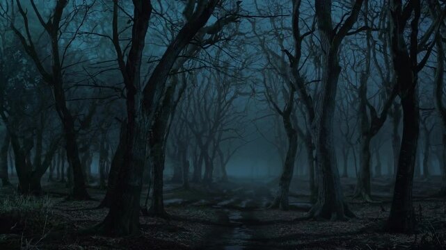 Eerie forest scene with bare trees, captured at eye-level. The dim lighting creates a mysterious atmosphere, ideal for a suspenseful video backdrop.