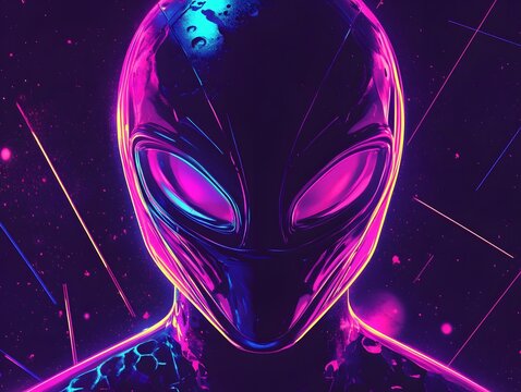 Alien Figure with Neon Lighting and Dark Starry Background Effect