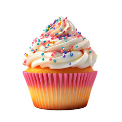 Fluffy 3D Cartoon Cupcake with Soft Frosting and Spring Sprigs Isolated on Transparent Background