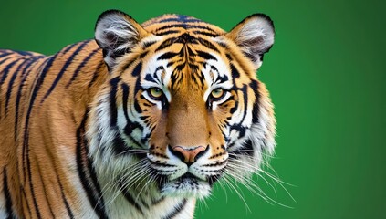 Naklejka premium Majestic Tiger Staring Intently Against a Vibrant Green Background