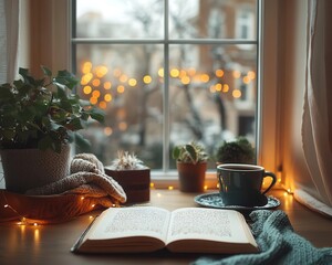 Journaling during winter with glowing AR inspiration prompts, cozy indoor space, soft warm lighting, photorealistic