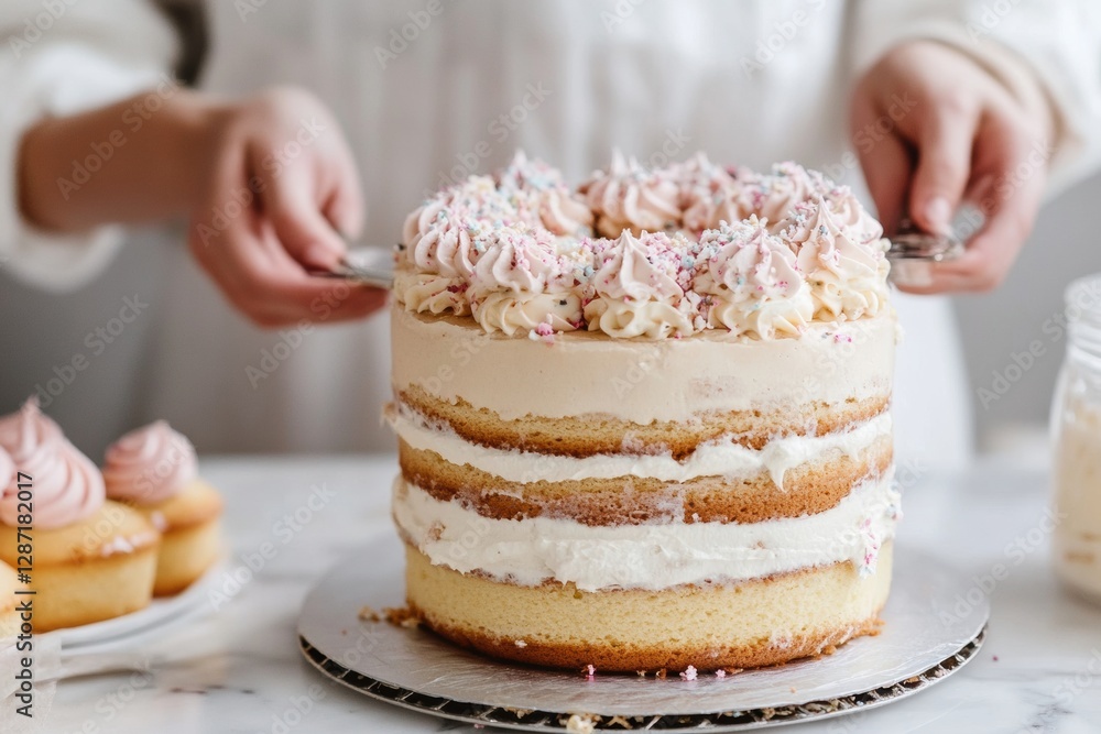 Aufkleber baker preparing a layered cake with frosting and decorations during a cheerful kitchen gathering. ge