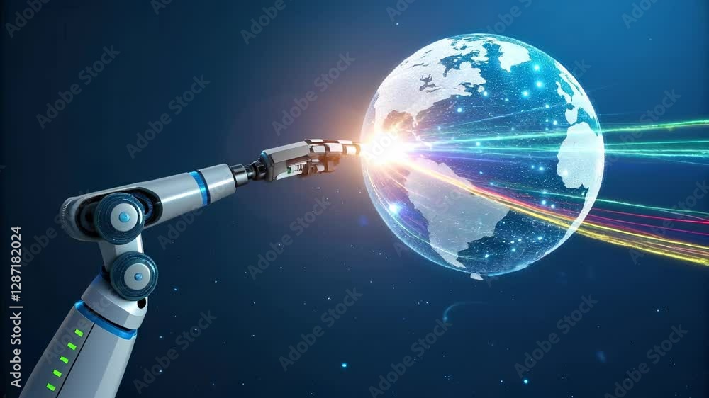 Aufkleber robotic arm interacts with glowing digital globe showcasing technology and innovation