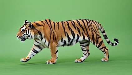 Obraz premium Majestic Tiger Walking Gracefully on Green Background Display