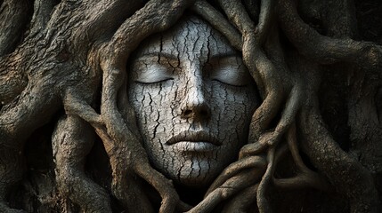 Fototapeta premium A mystical face entwined in tree roots, symbolizing nature's unity with humanity.