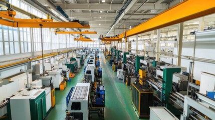 Industrial injection molding plant with overhead cranes and automated assembly lines