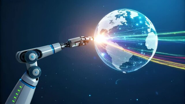 Robotic Arm Interacts with Glowing Digital Globe Showcasing Technology and Innovation
