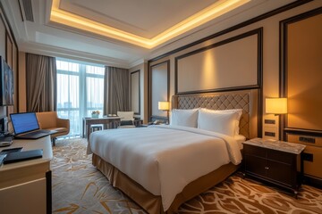 Elegant hotel room showcasing a luxurious bed and workspace
