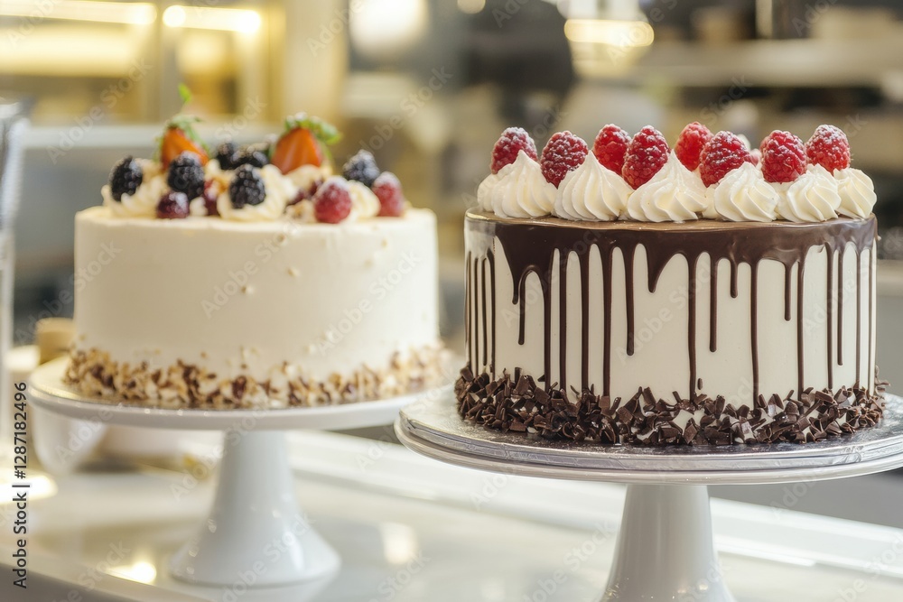 Poster elegant dessert display featuring two exquisite cakes at a bakery in the afternoon light. generative