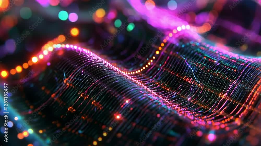 Poster dynamic neon waves flow across a dark surface, representing digital connectivity and advanced techno