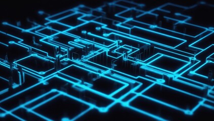 Futuristic Circuit Board Design with Blue Neon Lights and Patterns