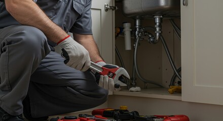 Focused plumber adjusting kitchen sink pipes with wrench for repair task