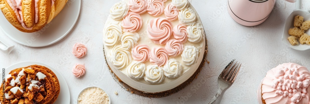 Poster delicious cakes and pastries displayed on a white table with sweet decorations and soft colors. gene