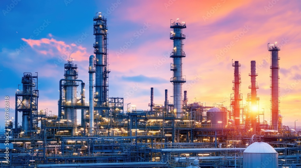 Poster large-scale refinery complex with multiple sections dedicated to different oil processing stages