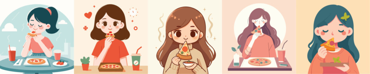 vector of a girl eating pizza