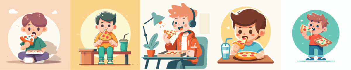 vector of a boy eating pizza