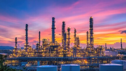 Fototapeta premium Large industrial oil refinery with towering distillation columns and storage tanks