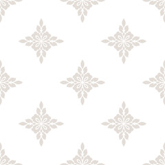 Luxury geometric floral ornament. Simple elegant seamless pattern with abstract flower silhouettes, foliage, tiles. Subtle beige and white vector background in damask, oriental style. Repeated design
