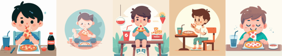 vector of a boy eating pizza