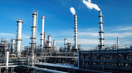 Obraz premium Large petrochemical refinery with distillation towers, pipelines, and storage tanks