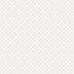 Subtle floral grid ornament. Abstract vector geometric seamless pattern with mesh, lattice, flower silhouettes, curved lines, repeat tiles. Simple beige and white background texture. Vintage design